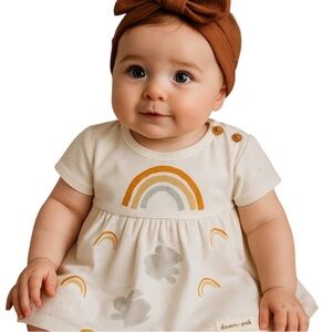 Bunnies by the Bay, organic cotton dress, NWTS, sz3-6 months, rainbows bunnies